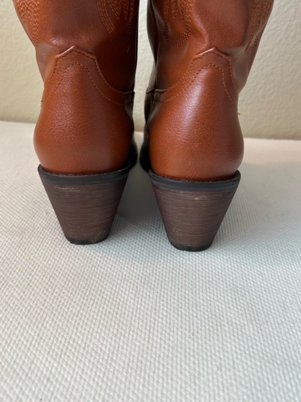 Cowboy Boot Tall Brown White Hearts Inlay Pull Strap Wide Calf Heel 1.5" 38/7.5 - Picture 7 of 14